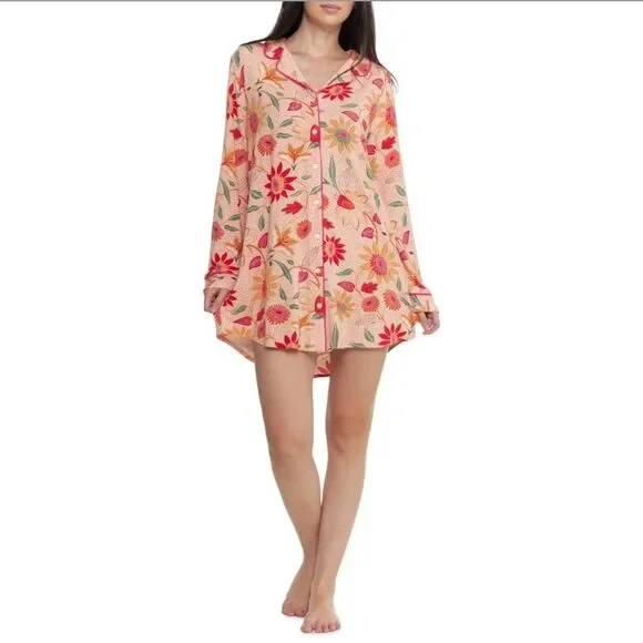 Spartina 449 XXS Botanic Garden Peach Pink Boho Floral Long Sleeve Sleep Shirt - Picture 4 of 16